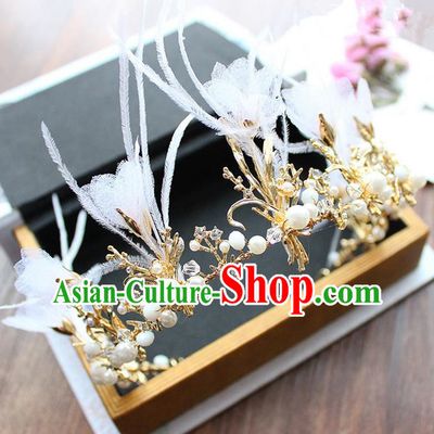 Top Grade Handmade Wedding Bride Hair Accessories Red Feather Hair Clasp, Traditional Princess Baroque Pearl Hair Clip Headpiece Hairpins for Women