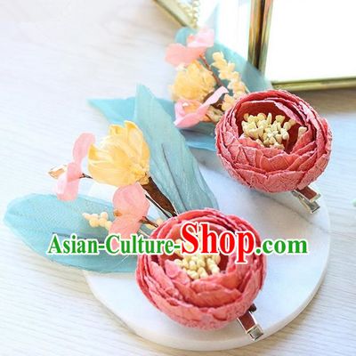 Top Grade Handmade Wedding Bride Hair Accessories Pink Flowers Hair Stick, Traditional Princess Baroque Hair Claws Headpiece for Women