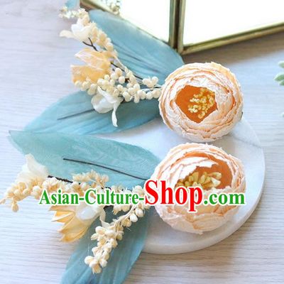 Top Grade Handmade Wedding Bride Hair Accessories Champagne Flowers Hair Stick, Traditional Princess Baroque Hair Claws Headpiece for Women