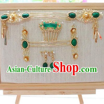 Top Grade Chinese Handmade Wedding Green Jade Hair Accessories Complete Set, Traditional China Xiuhe Suit Bride Phoenix Coronet Tassel Hairpins Headwear for Women
