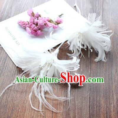 Top Grade Handmade Wedding Bride Hair Accessories White Feather Hairpins, Traditional Princess Baroque Hair Stick Headpiece for Women