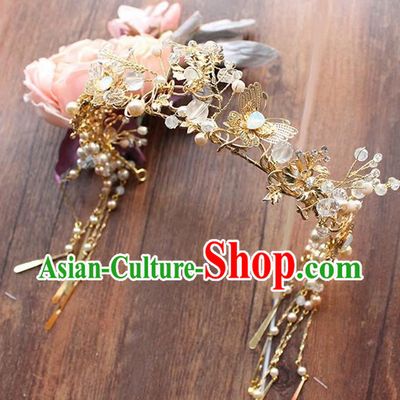 Top Grade Chinese Handmade Wedding Jade Blueing Hair Accessories, Traditional China Xiuhe Suit Bride Phoenix Coronet Butterfly Tassel Hairpins Headwear for Women