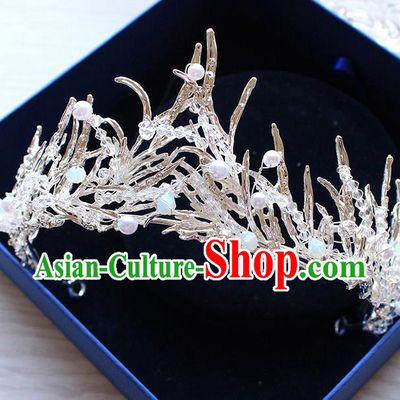 Top Grade Handmade Wedding Hair Accessories Bride Crystal Crown, Traditional Baroque Queen Pearl Royal Crown Wedding Headwear for Women