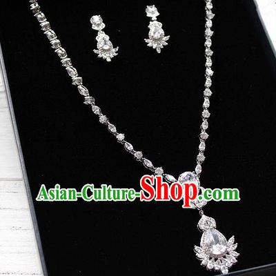 Top Grade Handmade China Wedding Bride Accessories Zircon Necklace and Earrings, Traditional Princess Wedding Crystal Necklace Earbob Jewelry for Women