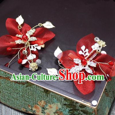 Top Grade Handmade Wedding Bride Hair Accessories Red Flower Hair Stick, Traditional Princess Baroque Hair Claw Headpiece for Women