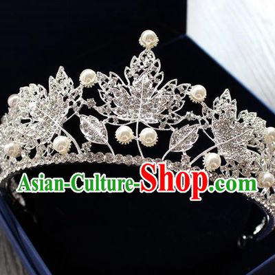 Top Grade Handmade Wedding Hair Accessories Bride Pearl Maple Leaf Crown, Traditional Baroque Princess Crystal Royal Crown Wedding Headwear for Women