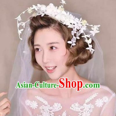 Top Grade Handmade Wedding Bride Hair Accessories Lace Veil Hair Clasp, Traditional Princess Baroque Headband Headpiece for Women