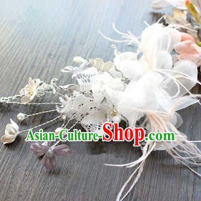 Top Grade Handmade Wedding Bride Hair Accessories Lace Bowknot Hair Stick, Traditional Princess Baroque Hair Claw Headpiece for Women