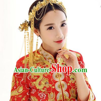 Top Grade Chinese Handmade Wedding Hair Accessories Golden Forehead Ornament, Traditional China Xiuhe Suit Phoenix Coronet Bride Tassel Hairpins Headdress Complete Set for Women
