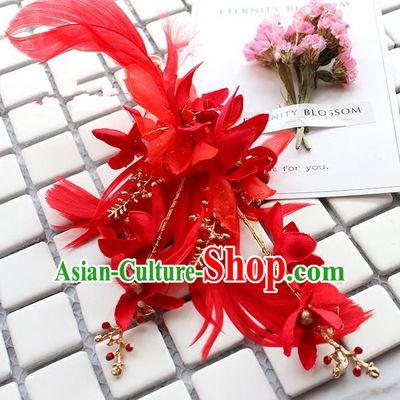 Top Grade Handmade Wedding Bride Hair Accessories Red Feather Hair Stick, Traditional Princess Baroque Hair Claws Headpiece for Women