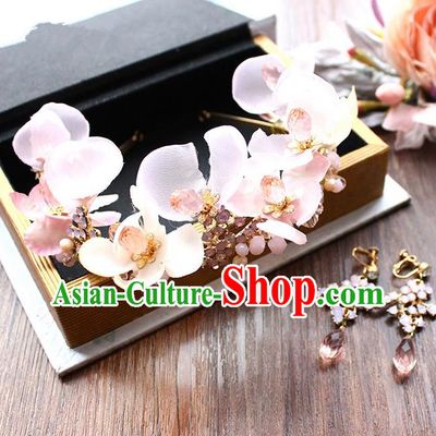 Top Grade Handmade Wedding Bride Hair Accessories Pink Flowers Hair Stick and Earrings, Traditional Princess Baroque Hair Claws Headpiece for Women