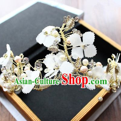 Top Grade Handmade Wedding Bride Hair Accessories White Flowers Hair Clip Crown, Traditional Princess Baroque Hair Clasp Headpiece for Women