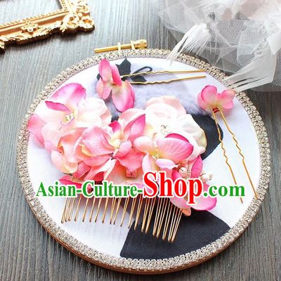 Top Grade Handmade Wedding Bride Hair Accessories Pink Hair Claw, Traditional Princess Baroque Hair Comb Headpiece for Women