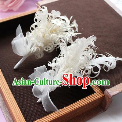 Top Grade Handmade Wedding Bride Hair Accessories White Feather Hair Claw, Traditional Princess Baroque Hair Sticks Headpiece for Women