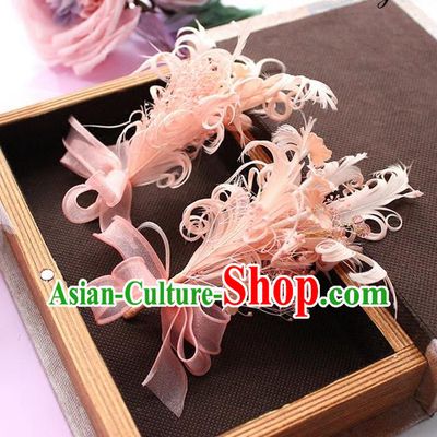 Top Grade Handmade Wedding Bride Hair Accessories Pink Feather Hair Claw, Traditional Princess Baroque Hair Sticks Headpiece for Women