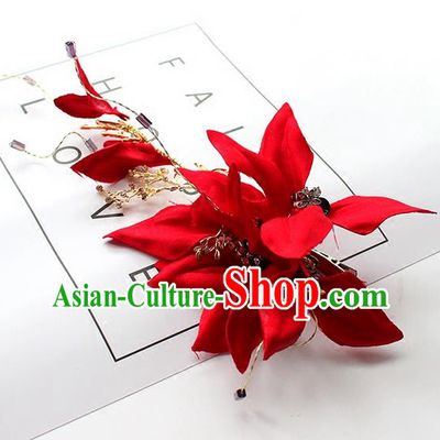 Top Grade Handmade Wedding Bride Hair Accessories Red Hair Claw, Traditional Princess Baroque Hair Sticks Headpiece for Women