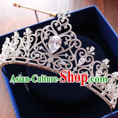 Top Grade Handmade Wedding Hair Accessories Bride Vintage Diamante Crown, Traditional Baroque Zircon Royal Crown Wedding Headwear for Women