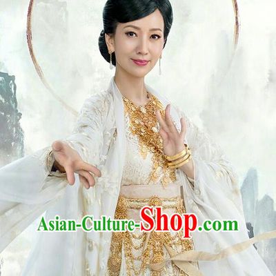 Traditional Ancient Chinese Cosplay Goddess of Mercy Costume and Handmade Headpiece Complete Set, Elegant Hanfu Clothing Chinese Madam White Snake Immortal Dress Clothing