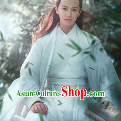 Traditional Ancient Chinese Nobility Childe Costume and Headpiece Complete Set, Elegant Hanfu Prince Clothing Chinese Madam White Snake Scholar Robe Clothing for Men