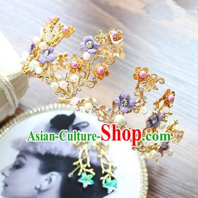 Top Grade Handmade Wedding Hair Accessories Bride Vintage Flowers Crown and Earrings, Traditional Baroque Queen Royal Crown Wedding Headwear Complete Set for Women