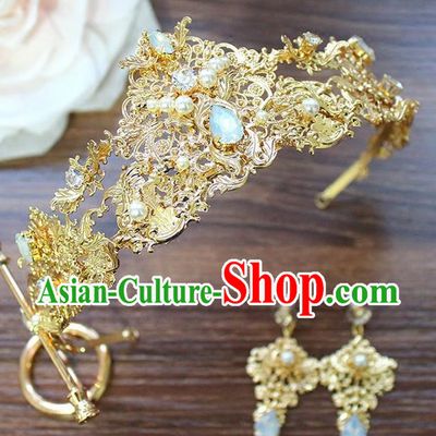 Top Grade Handmade Wedding Hair Accessories Bride Vintage Golden Crown and Earrings, Traditional Baroque Queen Crystal Royal Crown Wedding Headwear Complete Set for Women