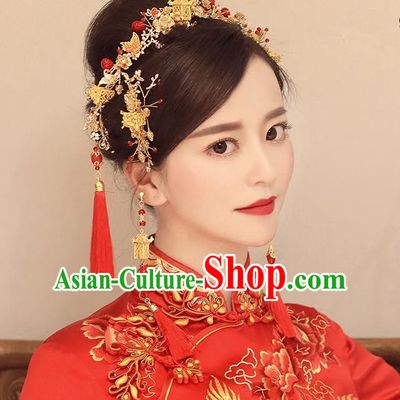 Top Grade Chinese Handmade Wedding Red Hair Accessories, Traditional China Xiuhe Suit Step Shake Bride Crystal Tassel Hairpins Headdress for Women
