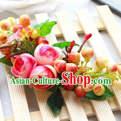 Top Grade Handmade Wedding Bride Hair Accessories Pink Flowers Headband Hair Claw, Traditional Princess Baroque Hair Stick Headpiece for Women