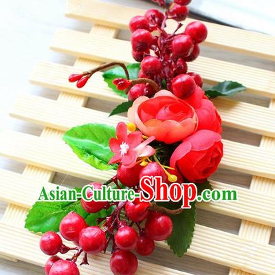 Top Grade Handmade Wedding Bride Hair Accessories Red Flowers Headband Hair Claw, Traditional Princess Baroque Hair Stick Headpiece for Women