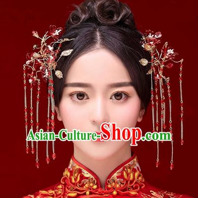 Top Grade Chinese Handmade Wedding Red Hair Accessories, Traditional China Xiuhe Suit Step Shake Bride Crystal Tassel Hairpins Headdress for Women