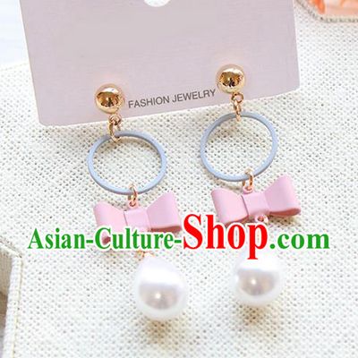 Top Grade Handmade China Wedding Bride Accessories Pearl Earrings, Traditional Princess Wedding Pink Bowknot Eardrop Jewelry for Women