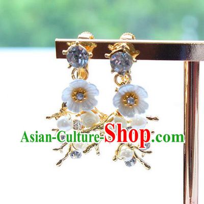 Top Grade Handmade China Wedding Bride Accessories Blue Shell Pearl Earrings, Traditional Princess Wedding Eardrop Jewelry for Women
