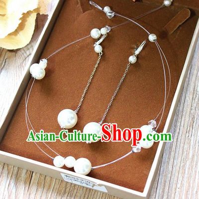 Top Grade Handmade China Wedding Bride Accessories Pearl Necklace and Earrings, Traditional Princess Wedding Eardrop Jewelry for Women