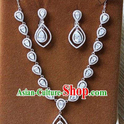 Top Grade Handmade China Wedding Bride Accessories Zircon Necklace and Earrings, Traditional Princess Crystal Wedding Eardrop Jewelry for Women