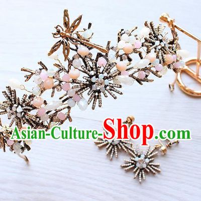 Top Grade Handmade Wedding Hair Accessories Bride Vintage Beads Crown and Earrings, Traditional Baroque Queen Crystal Royal Crown Wedding Headwear for Women