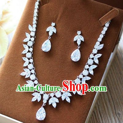 Top Grade Handmade China Wedding Bride Accessories Zircon Necklace and Earrings, Traditional Princess Crystal Wedding Eardrop Jewelry for Women
