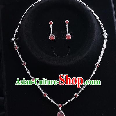 Top Grade Handmade China Wedding Bride Accessories Red Zircon Necklace and Earrings, Traditional Princess Crystal Wedding Eardrop Jewelry for Women