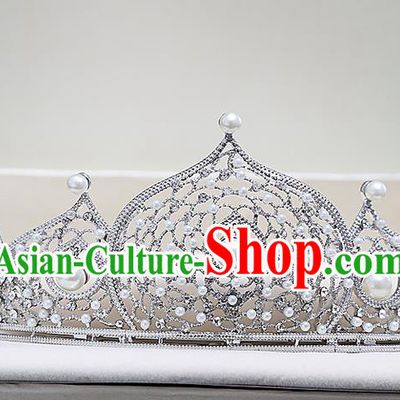 Top Grade Handmade Wedding Hair Accessories Bride Pearl Crown, Traditional Baroque Princess Crystal Royal Crown Wedding Headwear for Women
