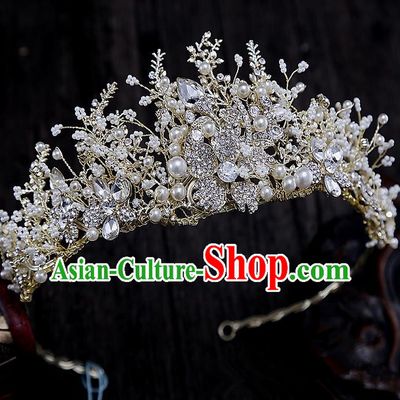 Top Grade Handmade Wedding Hair Accessories Bride Vintage Pearl Crown, Traditional Baroque Queen Crystal Royal Crown Wedding Headwear for Women