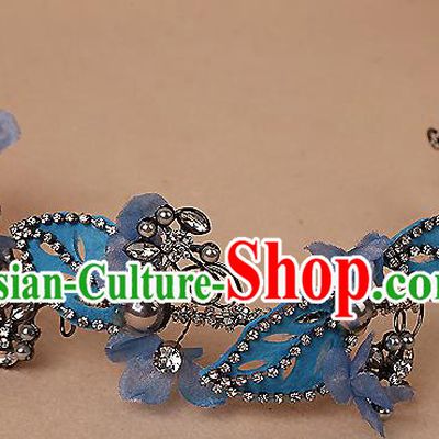 Top Grade Handmade Wedding Bride Hair Accessories Blue Headband Hair Clasp, Traditional Baroque Princess Crystal Hair Stick Headpiece for Women
