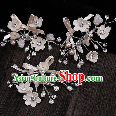 Top Grade Handmade Wedding Bride Hair Accessories Blue Headband Hair Claw, Traditional Baroque Princess Pearl Hair Stick Headpiece for Women