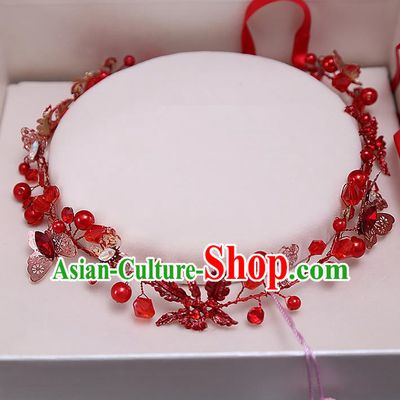 Top Grade Handmade Wedding Bride Hair Accessories Red Beads Headband Hair Clasp, Traditional Baroque Princess Hair Clip Headpiece for Women