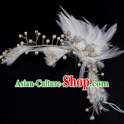 Top Grade Handmade Wedding Bride Hair Accessories White Feather Headband Hair Clasp, Traditional Baroque Princess Hair Stick Headpiece for Women