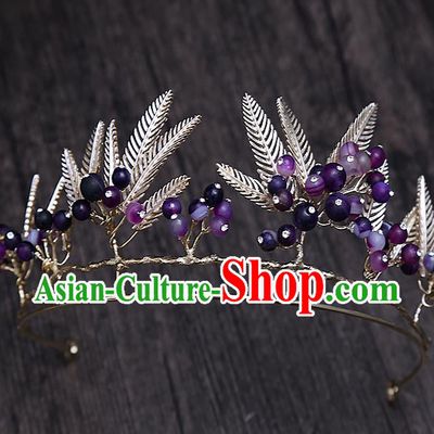 Top Grade Handmade Wedding Hair Accessories Bride Purple Beads Crown, Traditional Baroque Queen Retro Royal Crown Wedding Headwear for Women