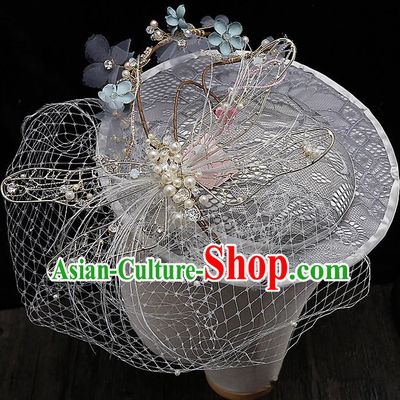 Top Grade Handmade Wedding Hair Accessories Bride Flower Veil Hat, Traditional Baroque Princess Top Hat Headpiece for Women