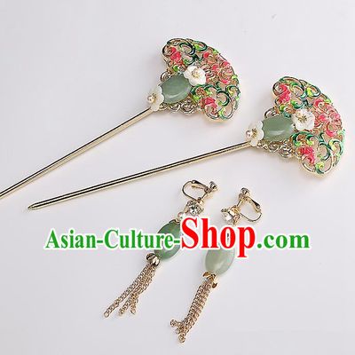 Top Grade Chinese Handmade Wedding Jade Hair Accessories and Earrings, Traditional China Xiuhe Suit Bride Hanfu Hairpins Headdress for Women