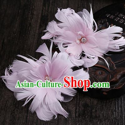 Top Grade Handmade Wedding Bride Hair Accessories Pink Feather Hair Claw Hairpin, Traditional Baroque Princess Hair Stick Headband Headpiece for Women
