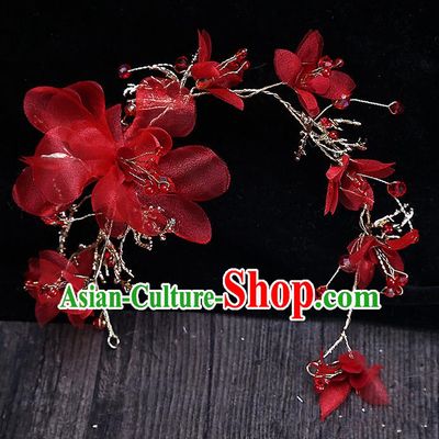 Top Grade Handmade Wedding Bride Hair Accessories Red Flowers Hair Clasp, Traditional Princess Baroque Headband Headpiece for Women