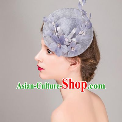 Top Grade Handmade Wedding Bride Hair Accessories Grey Top Hat, Traditional Princess Baroque Flowers Hat Headpiece for Women