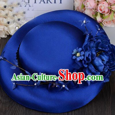 Top Grade Handmade Wedding Bride Hair Accessories Princess Royalblue Top Hat, Traditional Princess Baroque Flowers Hat Headpiece for Women