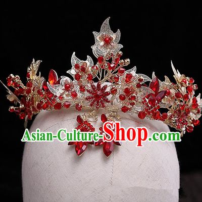 Top Grade Handmade Wedding Hair Accessories Bride Vintage Red Crown and Earrings, Traditional Baroque Princess Crystal Royal Crown Wedding Headwear for Women